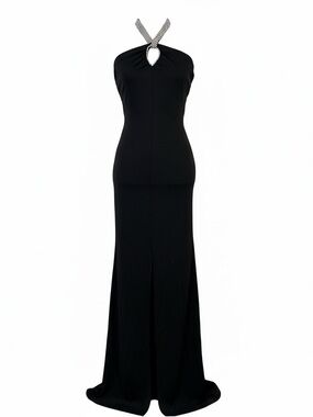Jovani Embellished Halter Neck Black Gown with Front Slit Size 6
